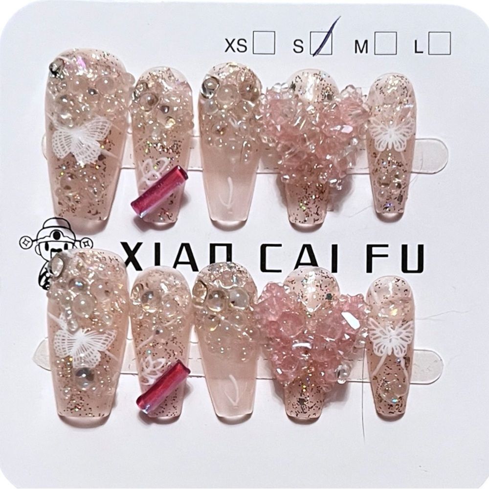 Elegant Handmade Nude Glitter Press-On Nails With Butterfly Charms Size S